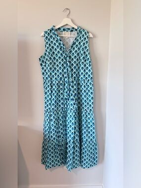Sail to Sable blue heart print tiered cotton midi dress Cotton Vacation Women M